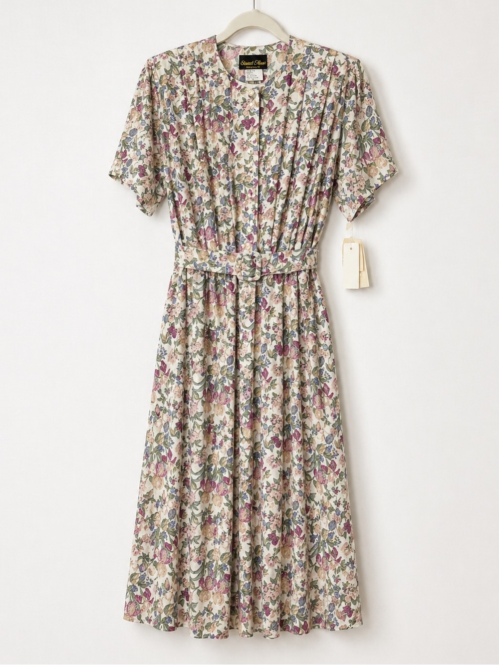 Vintage Deadstock Stuart Alan Floral Midi Dress Pleated Belted Made USA Size 16‎